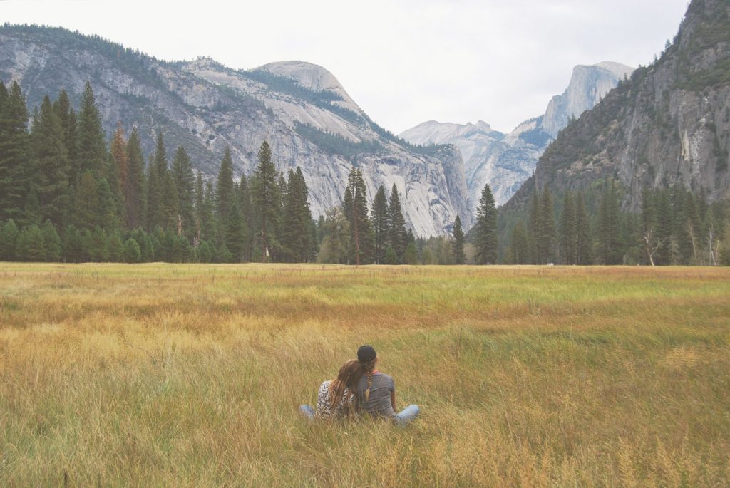 Two people sitting in field, observing view of trees and mountains